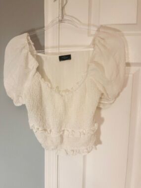 Smocked Puff Sleeve Crop Top - Cream